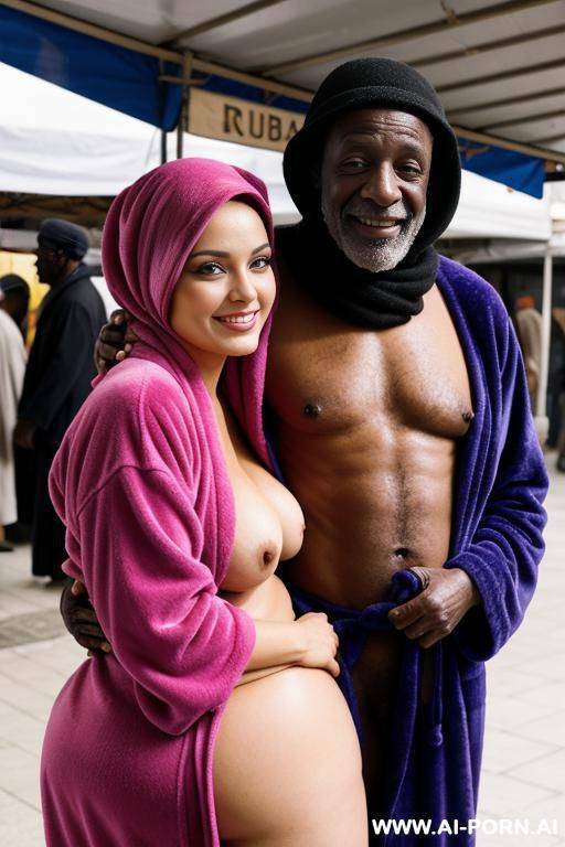 smiling curvy russian brunette busty wife wearing colored hijab topless hugged from old black homeless man in market - #main