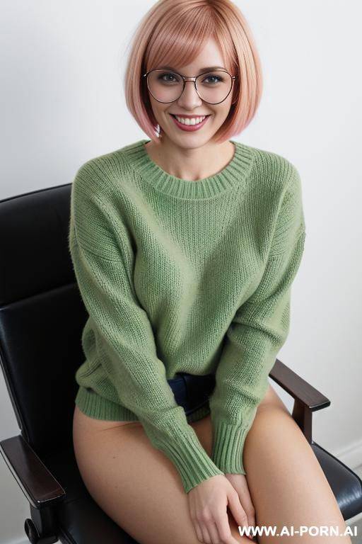 blond playmate ,smiling, naked, short razor cut hair, (((busty))), green sweater - #main