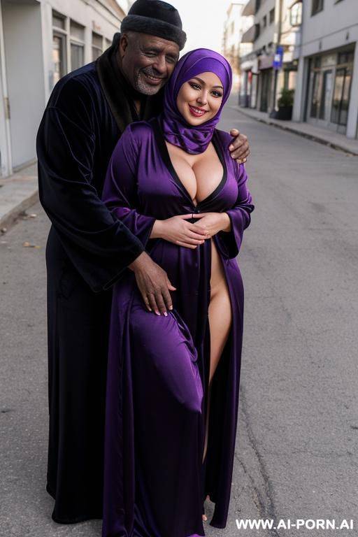smiling curvy russian busty wife wearing colored hijab and dark violet silky robe naked hugged from homeless old black man - #main