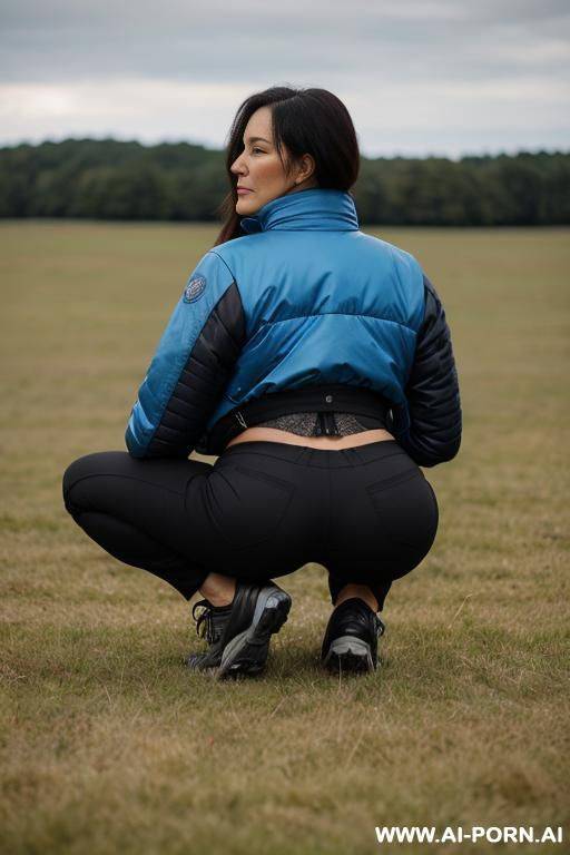 woman squatting in field, blue jacket, black pants, backview - #main