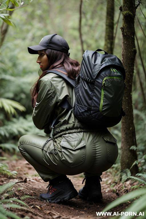 woman squatting in underbrush on moist soil, backpack, jacket, pants, hiker, backview - #main