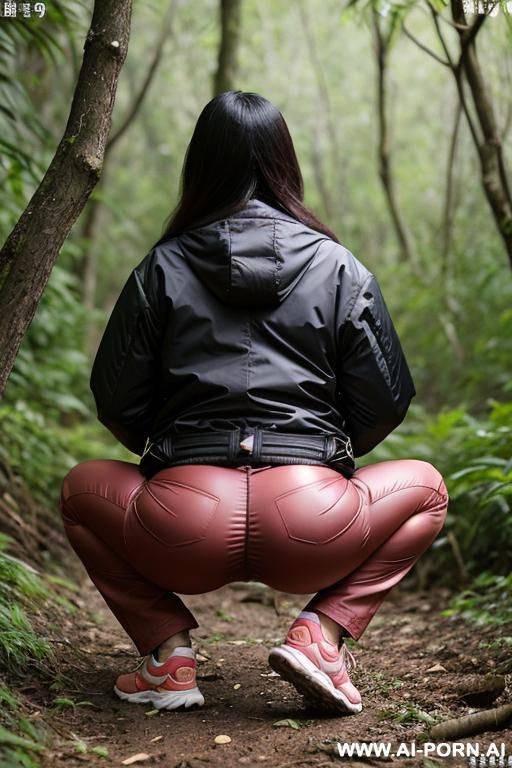 woman squatting in underbrush, jacket, pants, her vulva is leaking pee onto soil - #main