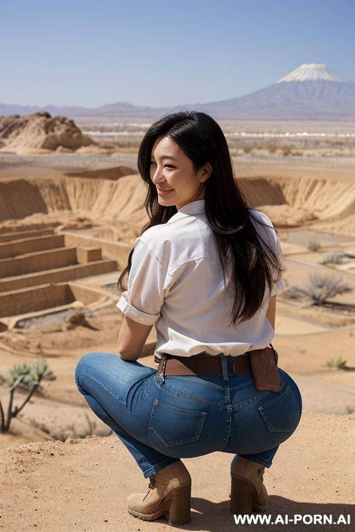 squatting in desert, shirt and jeans, view from behind - #main