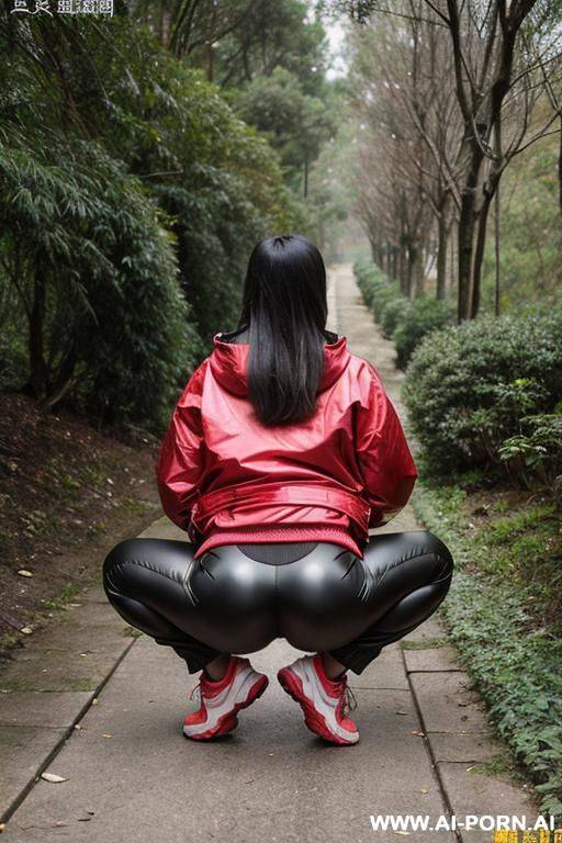 woman squatting in underbrush, jacket, pants, her vulva is dripping pee onto ground - #main