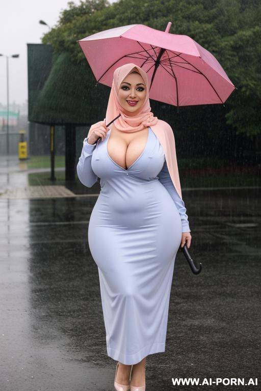 smiling curvy russian busty wife with big ass wearing colored hijab fully naked standing holding umbrella in rain - #main