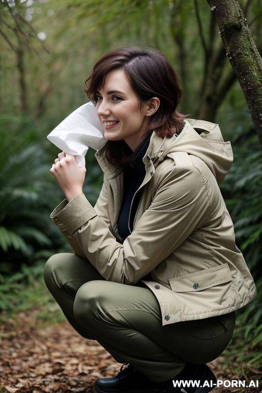 woman squatting in underbrush, jacket, pants, holding tissue, side view - #main