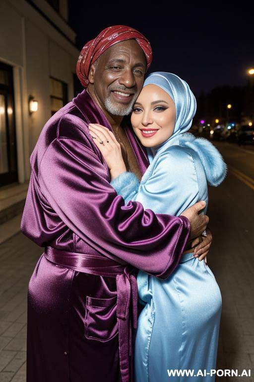 smiling curvy russian busty wife wearing colored hijab and silky robe exhibition fully naked hugged from old black homeless man - #main