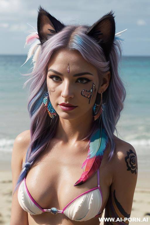face, sexy, beautiful, ((face painting)), ((bikini as seashell)), ((tattoo roses)), ((eyes shw)), ((angel wings)), ((rainbow hair)), ((long bu hair)), ((wind)), (( cat face)), (( cat ears)), (((feather - #main