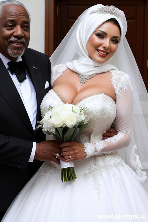 smiling curvy russian brunette busty bride wearing white hijab and wedding dress hugged from old black man - #main