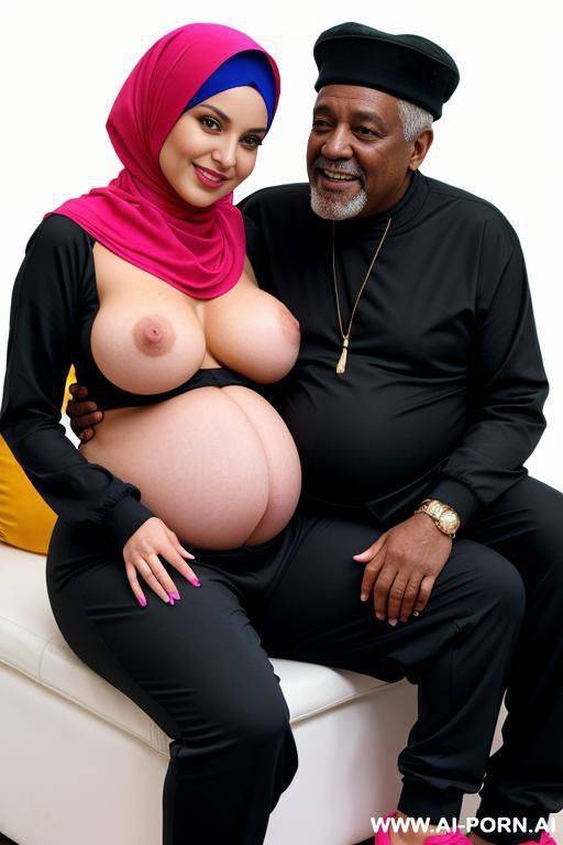 smiling curvy russian brunette busty pregnant wife fully naked wearing colored hijab sitting on the lap of old black man in disco - #main