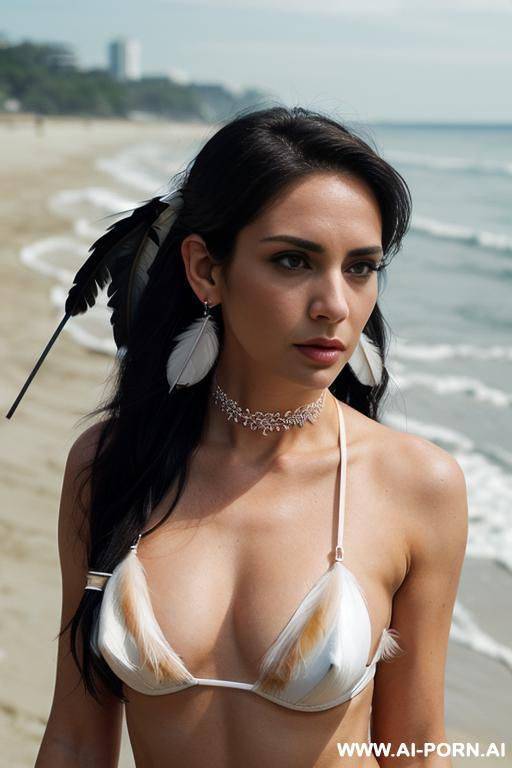 face, white skin, sexy, beautiful, ((bikini as seashell)), , ((eyes shw)), ((angel wings)), ((black hair)), ((long bu hair)), ((wind)), (((feather earrings)), choker, full view, wide angle view, sensual, crotchless panty - #main