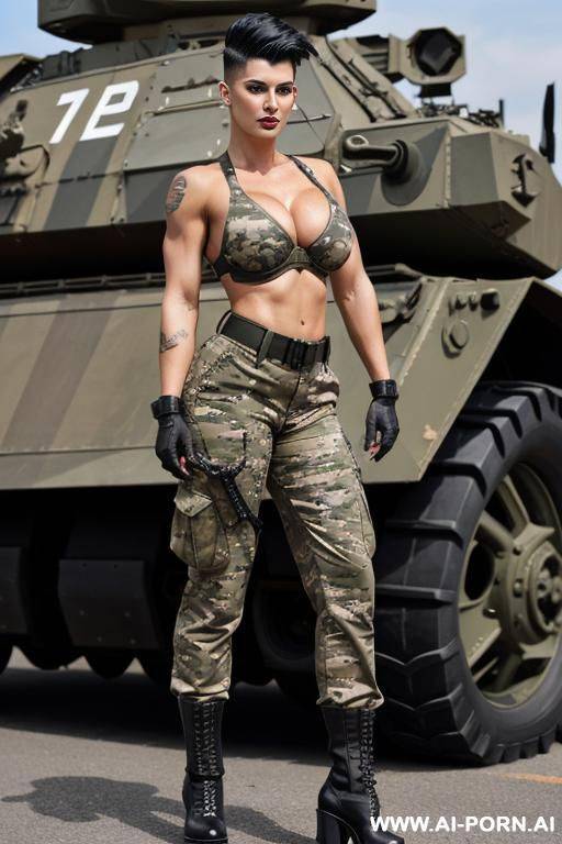 soldier with muscular toned body. black camouflage trousers. combat boots. black army helmet. short hairstyle with shaved sides. big tits. military tags. - #main