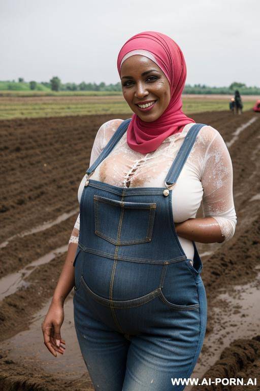 smiling curvy russian brunette busty pregnant wife naked wearing colored hijab hugged from old black man smeared with mud in farm - #main