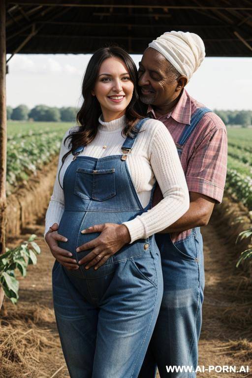 smiling curvy russian brunette busty pregnant wife naked wearing colored hijab hugged from old black man in farm - #main