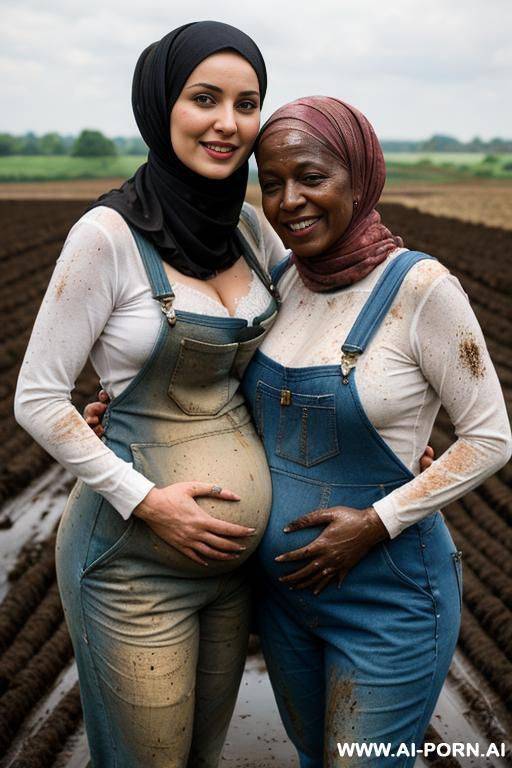 smiling curvy russian brunette busty pregnant wife naked wearing colored hijab hugged from old black man stained with mud in farm - #main
