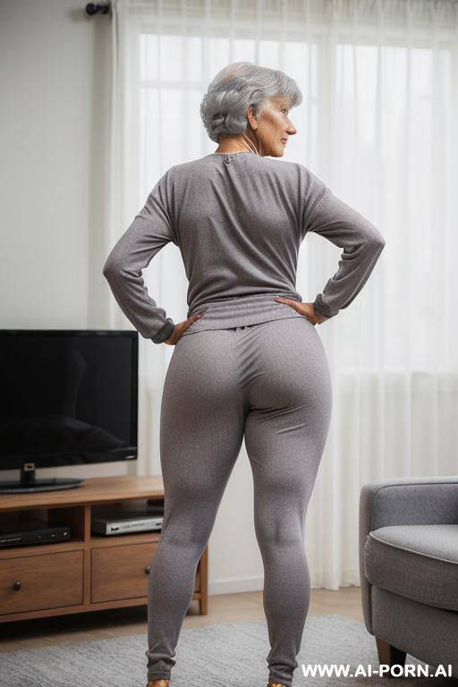 back view, 0 year old grandmother, full body, standing, short gray hair, lady, clearly visible age marks, triangular hips, thick thighs, hands on hips, gay legging and bra, living room in front of the television - #main