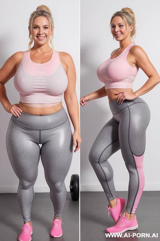 milf in leggings fat ass slightly chubby blonde tight gym top gray leggings smiling sweating covered in sweat cum pink leggings white top sweating profusely facing camera standing straight wet body front view camera - #main