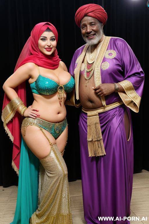 smiling curvy russian brunette chubby wife with messy haircut wearing colored hijab and belly dancing costume standing with old african man - #main