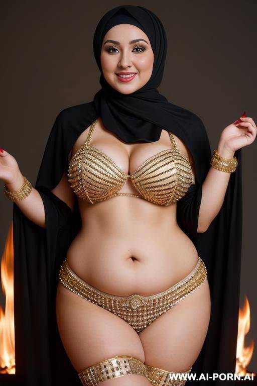 smiling curvy russian brunette chubby wife wearing hijab and belly dancing costume on fire - #main