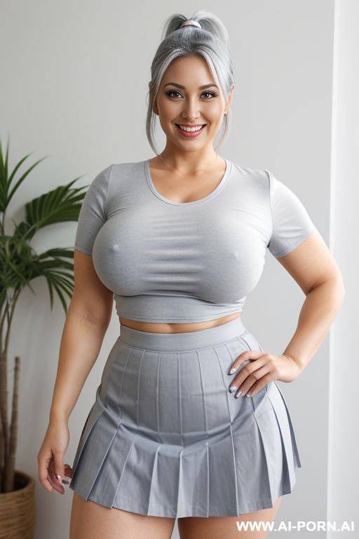 grey hair, ponytail, humongous breasts, tight short sleeve white blouse, blue pleated skirt, smile, thick body, fit body - #main