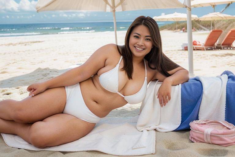 (((arm support))), (((on side))), a fat chubby shorty filipina milf is posing in the beach. she is wearing a white bikini and wedge sandals. she has blonde highlights in her hair. the woman - #main