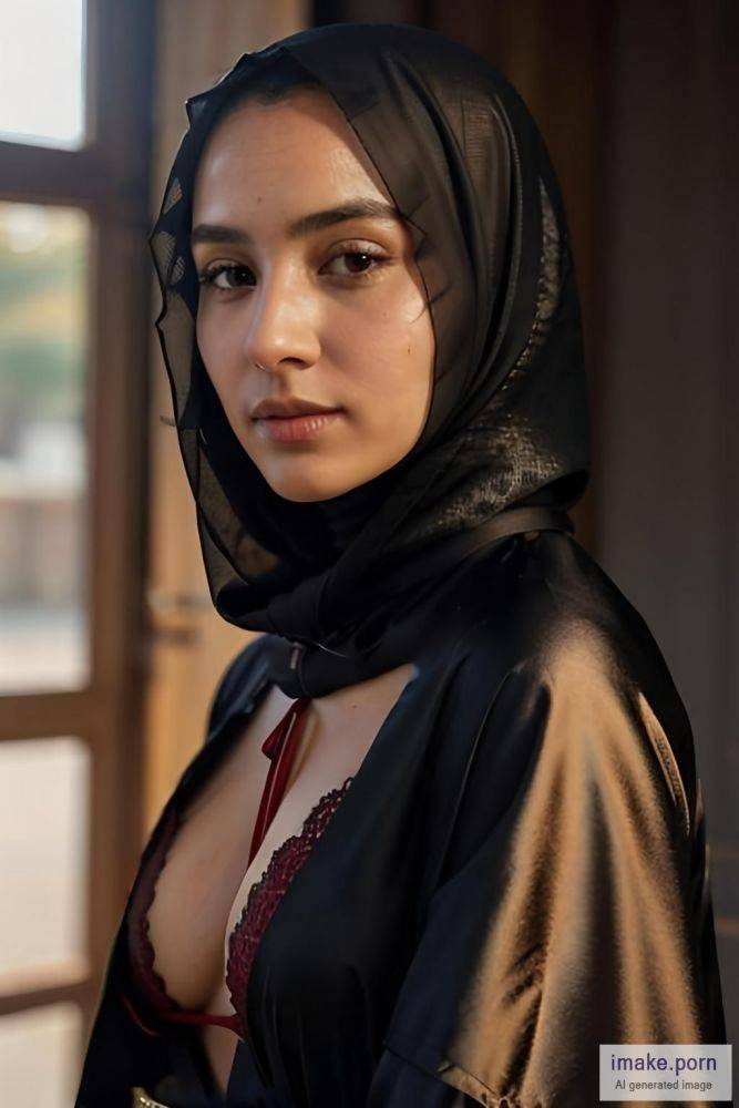 Red Silk abaya with hijab boobs - #main