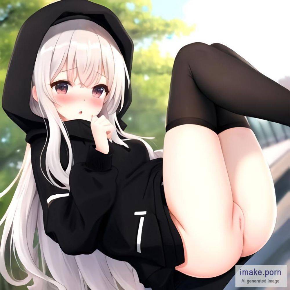 Blushing cute white girl in black oversized hoodie, black... - #main