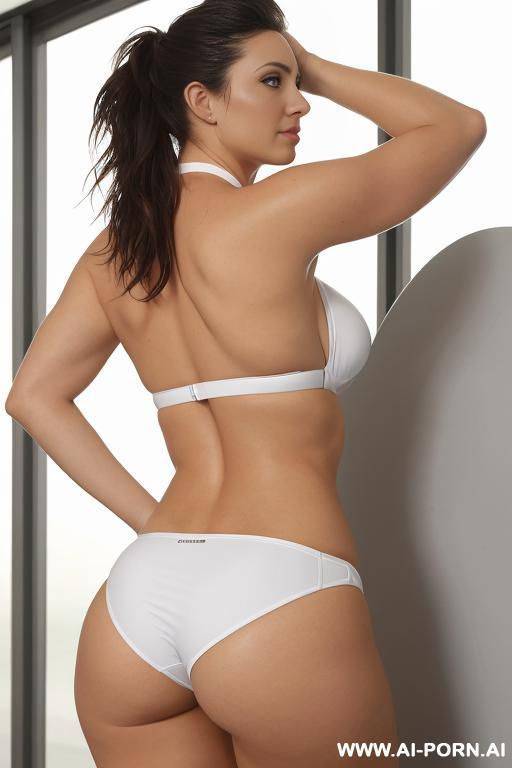locker room, fit body, white strapless bra, white thong bikini, big round ass, big hips, ((hourglass figure)), huge round tits, look at camera, arms up, ((hands behind head)), short hair, ((from behind)) - #main