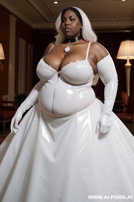 white latex ball gown; gloves; collar; gigantic huge boobs; obese; very big long nipples; - #main