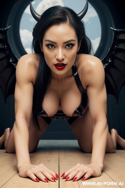 medieval castle, sexy beautiful devil woman ((succubus woman)), beautiful curvy figure ((sexy curvy figure)), guitar shaped figure, perfect beautiful face, real sex bomb, long ponytail hairstyle ((long - #main