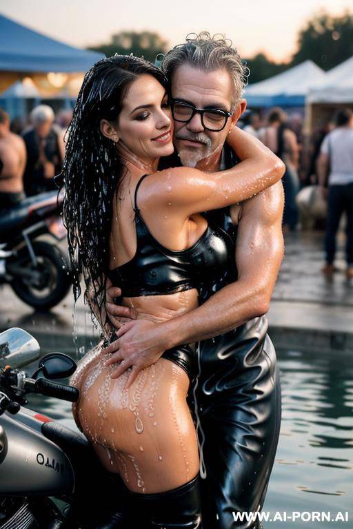 ((((hugging oldman behind )))) at dusk at the outdoor motorcycle coustom festival pretty italian woman on stage bathes in beer a lot of beer suds lot leather men looks at her close up - #main