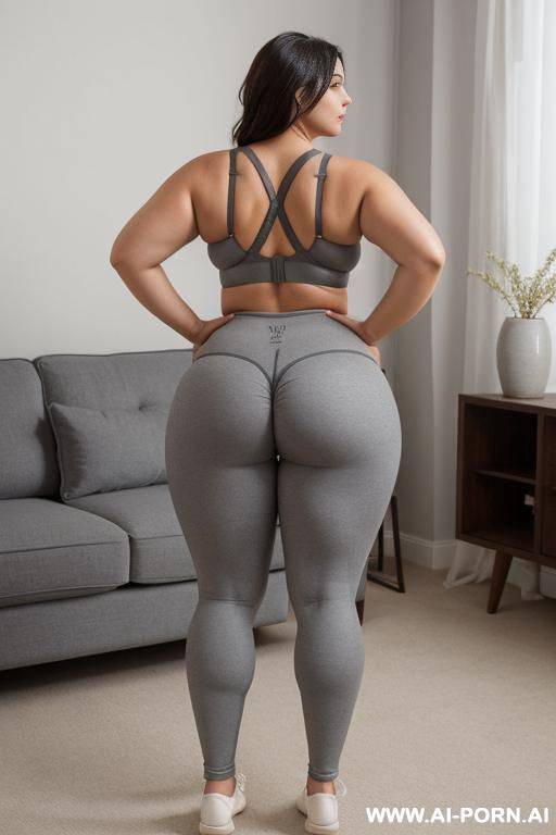 back view, chubby woman, full body, standing, triangular hips, thick thighs, hands on hips, wearing gray leggings and bra, living room - #main
