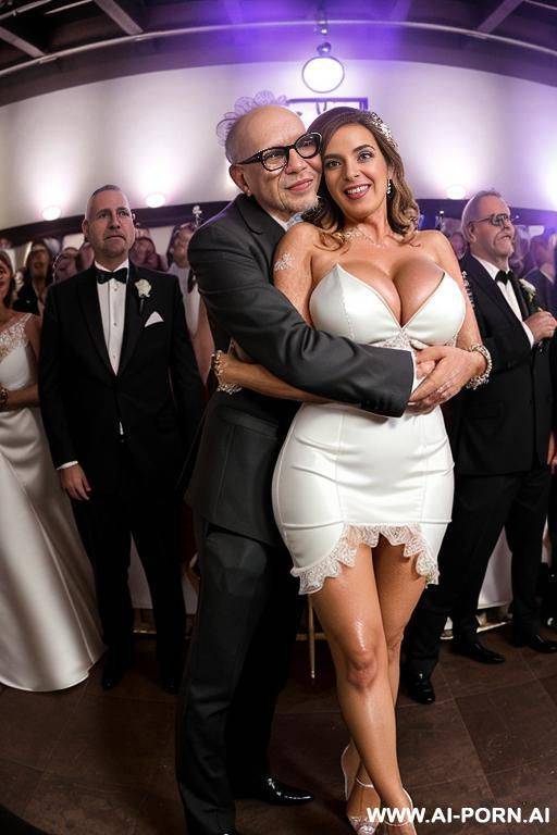 ((((view fish eye lens view)))) ((((hugging oldman behind )))) at de wedding celebration pretty italian wife on stage bathes in beer a lot of beer suds lot leather jacket men looks at her - #main
