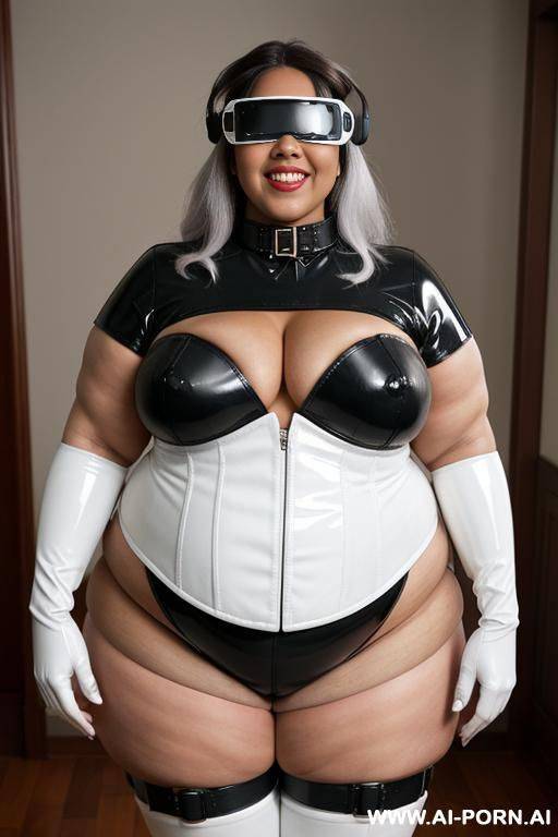 white latex corset; overknee boots; gloves; collar; gigantic huge boobs; obese; very big long nipples; wearing oculus rift goggles, ssbbw, huge belly - #main