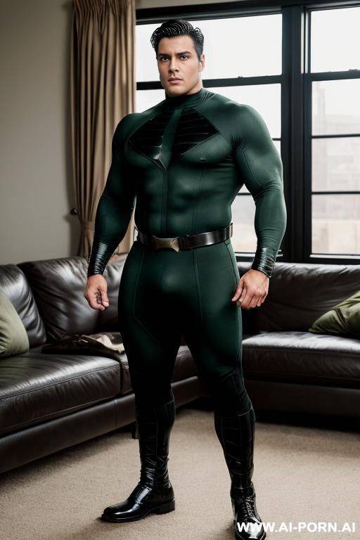 handsome model man, strong stocky man, short black hair, big brown eyes, one man, standing in living room, wearing green and black hero cosplay, photo realistic, - #main