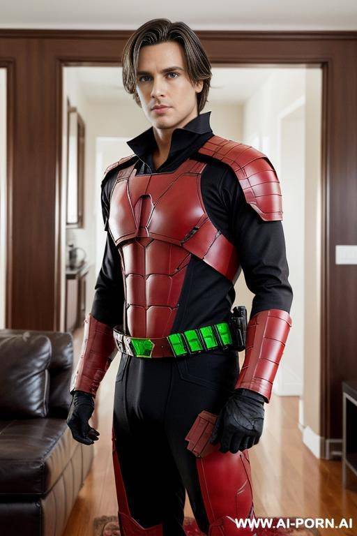 hot model man, medium length brown hair, big brown eyes, one man, standing in living room, wearing black and red hero cosplay, photo realistic, - #main