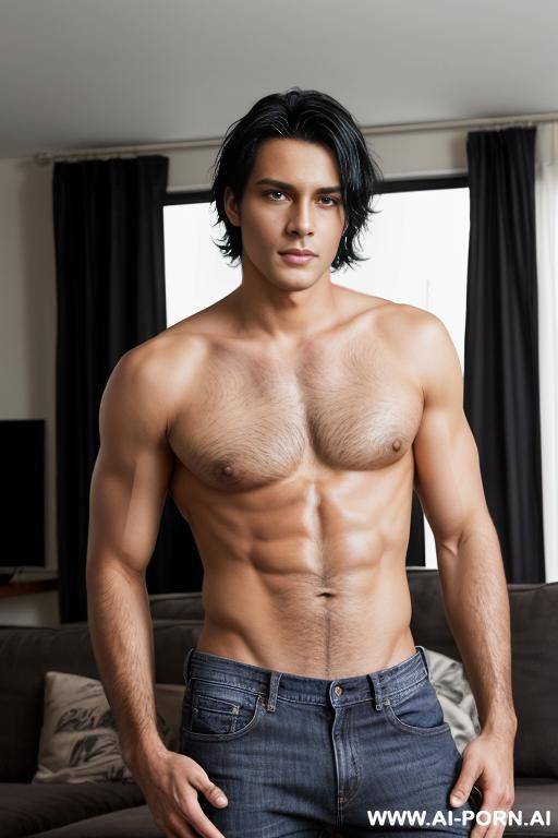 hot model man, medium length black hair, big brown eyes, one man, standing in living room, wearing jeans, shirtless, photo realistic, - #main