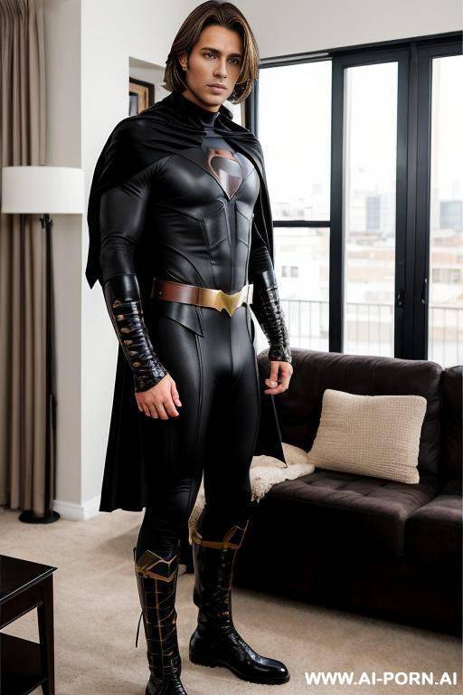 handsome model man, lomg brown hair, big brown eyes, one man, standing in living room, wearing black hero cosplay, - #main