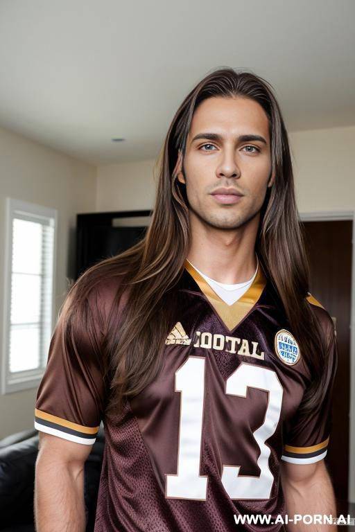 handsome model man, long brown hair, big brown eyes, one man, standing in living room, wearing football jersey, - #main