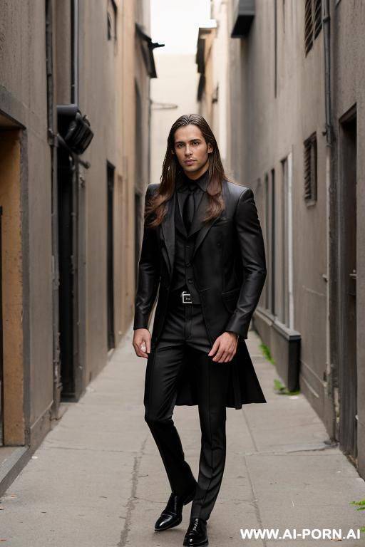 handsome model man, long brown hair, big brown eyes, one man, standing in alley way, wearing black hero cosplay, - #main