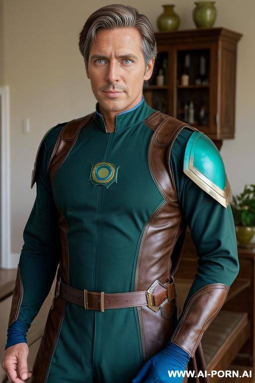 handsome older model man, short brown hair, big green eyes, one man, standing in living room, wearing blue hero cosplay, - #main