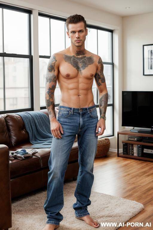 handsome model man, short brown hair, big blue eyes, one man, standing in living room, wearing jeans, shirtless, tattoo man, - #main