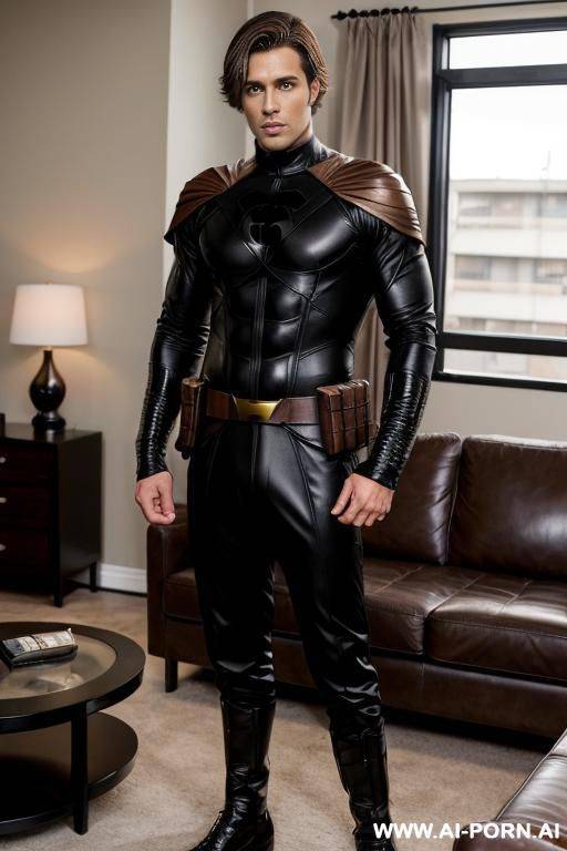 handsome model man, short brown hair, big brown eyes, one man, standing in living room, wearing black hero cosplay, - #main