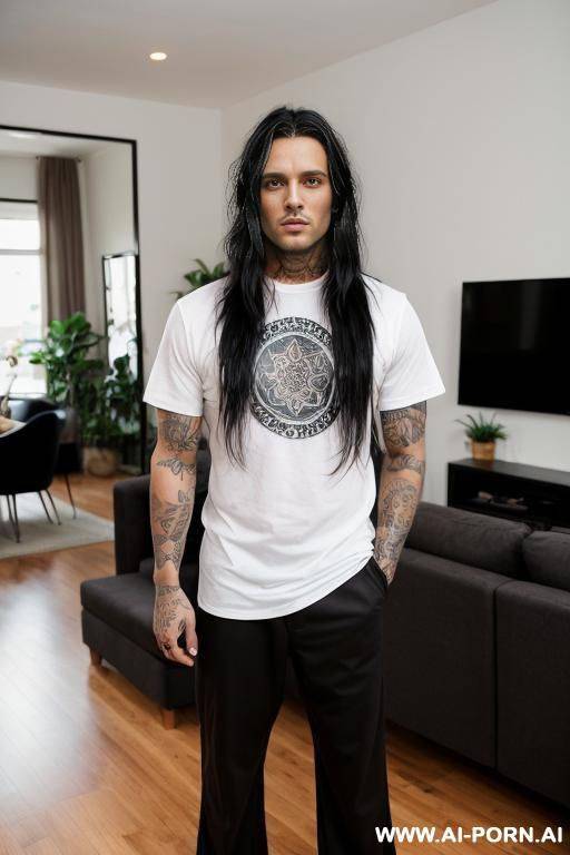 hot model man, thick long black hair, big brown eyes, one man, standing in living room, wearing shirt and pants, tattoo man, ((keep face)) ((keep body)) - #main