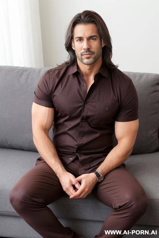 sexy man, thick long dark brown hair, wearing shirt and pants, ((keep face)) ((keep body)) sitting in living room, - #main
