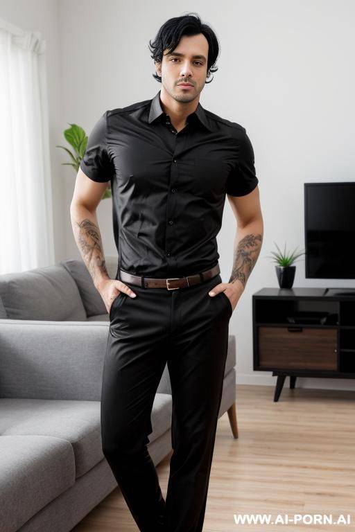 model man, thick black hair, one man, standing in living room, wearing shirt and pants, - #main