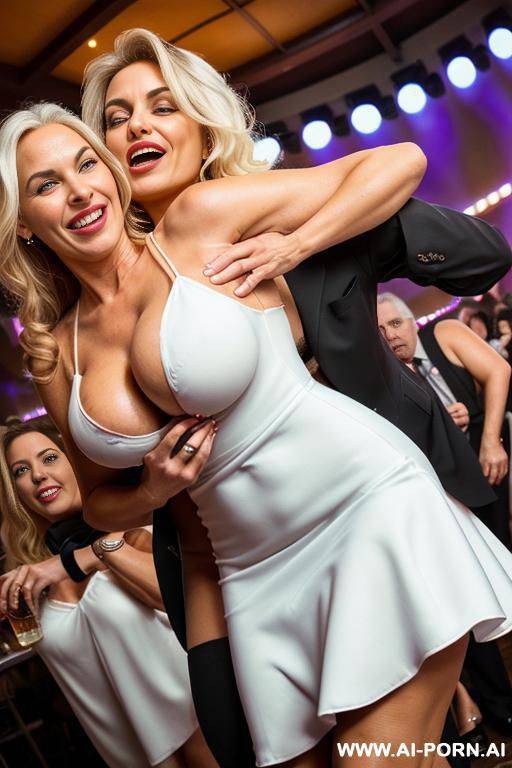 ((((view fish eye lens view)))) ((((medium shot)))) ((((hugging oldman behind )))) at de wedding celebration pretty face italian wife on stage bathes in beer a lot of beer suds lot jacket men - #main