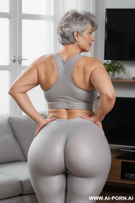 back view, chubby white grandmother, short gray hair, lady, full body, standing, visible age features, gray hair, triangular hips, thick thighs, wearing transparent gray leggings, living room in front of the television - #main