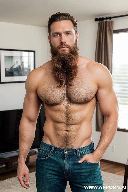 handsome model man, thick short brown hair, big green eyes, one man, well kept beard, standing in living room, wearing jeans shirtless, - #main