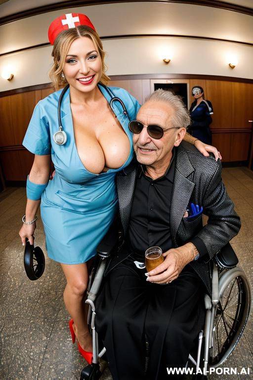 ((((view fish eye lens view)))) ((((an oldman in a wheelchair hugged by the nurse)))) at de wedding celebration voluptuosus italian nurse lot jacket men looks at her close up around spilling - #main